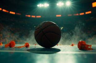 Lone basketball abandoned on empty court with scattered referee whistles in dramatically lit deserted arena