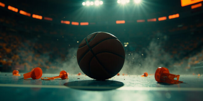 Lone basketball abandoned on empty court with scattered referee whistles in dramatically lit deserted arena