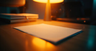 Empty desk with blank document illuminated by amber lamp light in a minimalist office at dusk