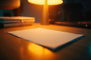 Empty desk with blank document illuminated by amber lamp light in a minimalist office at dusk