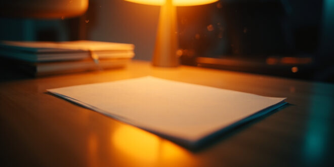 Empty desk with blank document illuminated by amber lamp light in a minimalist office at dusk