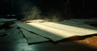 Unfinished documents and manuscript pages scattered across wooden office desk, awaiting organization