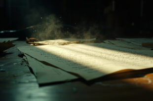 Unfinished documents and manuscript pages scattered across wooden office desk, awaiting organization