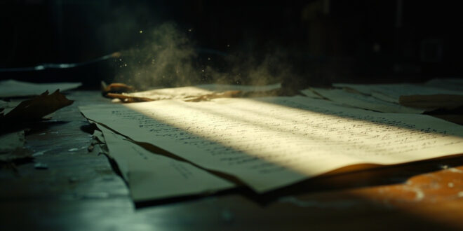 Unfinished documents and manuscript pages scattered across wooden office desk, awaiting organization