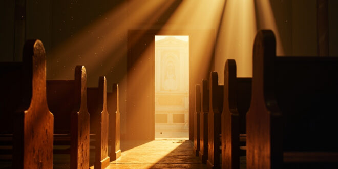 Empty wooden pews and altar in a dimly lit church sanctuary with light streaming through open doors
