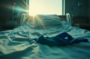 Empty hospital bed with blue medical sling bathed in dawn light in sterile hospital room, signifying recovery