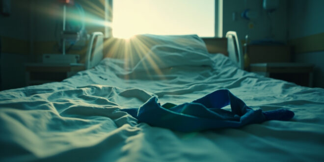 Empty hospital bed with blue medical sling bathed in dawn light in sterile hospital room, signifying recovery