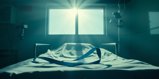 Empty hospital recovery room with blue medical sling on bed, surrounded by rehabilitation equipment in sterile lighting