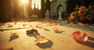 Wedding rings resting on vintage family documents in an elegant villa garden after a ceremony, scattered rose petals visible