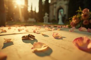 Wedding rings resting on vintage family documents in an elegant villa garden after a ceremony, scattered rose petals visible