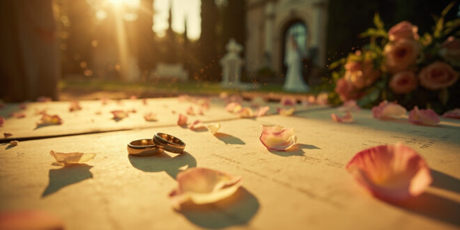 Wedding rings resting on vintage family documents in an elegant villa garden after a ceremony, scattered rose petals visible