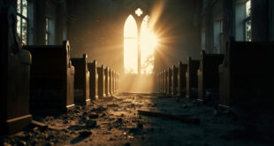 Damaged church sanctuary at dawn with broken wooden pews and scattered debris following religious terrorism attack