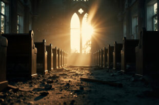 Damaged church sanctuary at dawn with broken wooden pews and scattered debris following religious terrorism attack