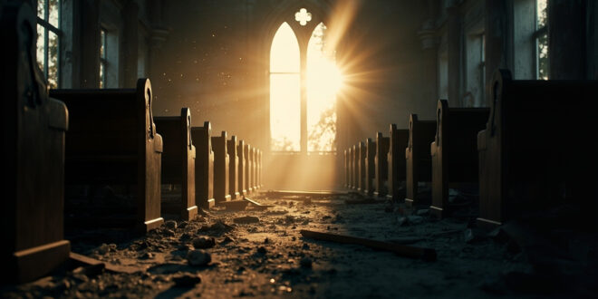 Damaged church sanctuary at dawn with broken wooden pews and scattered debris following religious terrorism attack