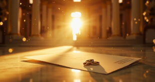 Two wedding rings on ornate altar in empty Venetian chapel with unopened invitation on marble table
