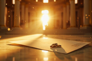Two wedding rings on ornate altar in empty Venetian chapel with unopened invitation on marble table