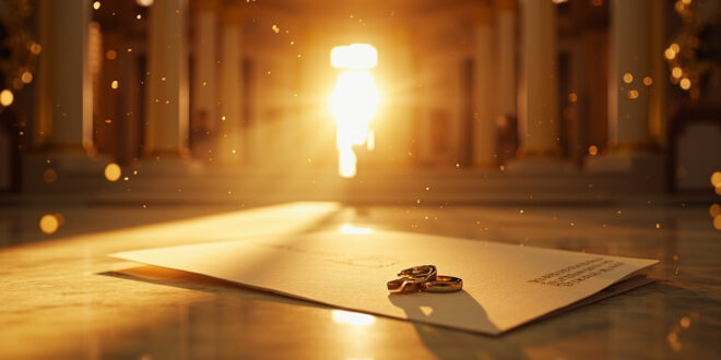 Two wedding rings on ornate altar in empty Venetian chapel with unopened invitation on marble table