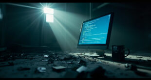 Abandoned developer workspace with empty monitor displaying HTML code fragments in blue screen glow