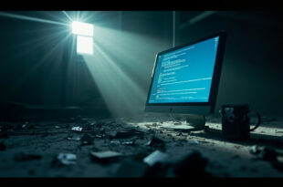 Abandoned developer workspace with empty monitor displaying HTML code fragments in blue screen glow