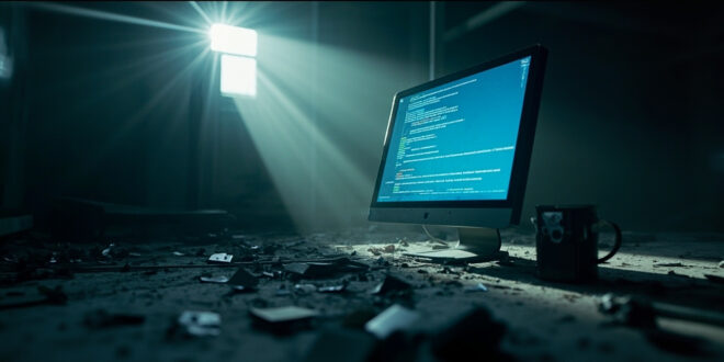 Abandoned developer workspace with empty monitor displaying HTML code fragments in blue screen glow