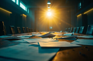 Abandoned EU council chamber in Brussels with scattered diplomatic documents across an empty conference table