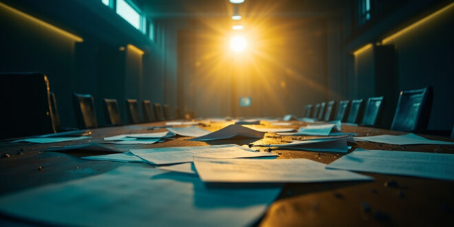 Abandoned EU council chamber in Brussels with scattered diplomatic documents across an empty conference table