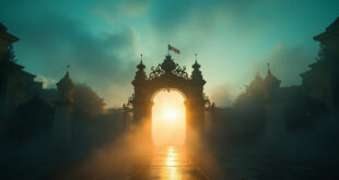 Empty ornate entrance gates to a fantasy theme park standing open at dawn with morning mist in a deserted plaza