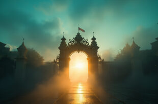 Empty ornate entrance gates to a fantasy theme park standing open at dawn with morning mist in a deserted plaza