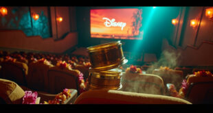 Golden film reels stacked on Hawaiian-decorated theater seats with Disney sequel announcement displayed on screen