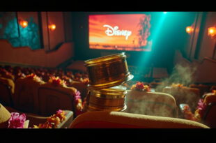 Golden film reels stacked on Hawaiian-decorated theater seats with Disney sequel announcement displayed on screen