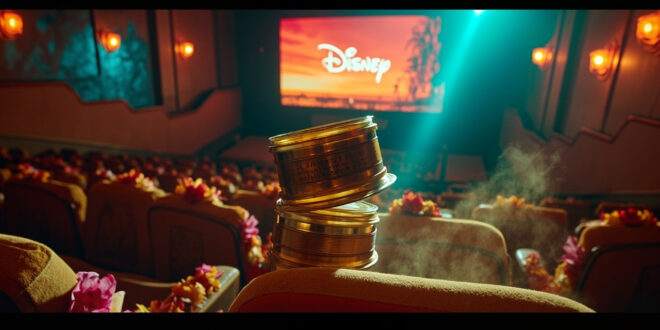 Golden film reels stacked on Hawaiian-decorated theater seats with Disney sequel announcement displayed on screen