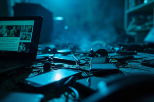 Unmanned digital devices displaying fake news headlines in an abandoned social media workspace bathed in blue light