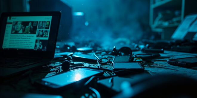 Unmanned digital devices displaying fake news headlines in an abandoned social media workspace bathed in blue light