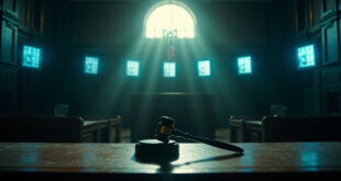 Empty courtroom with wooden gavel on judge's bench and digital evidence screens displaying hate speech content