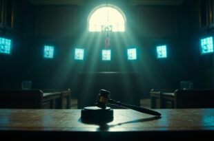 Empty courtroom with wooden gavel on judge's bench and digital evidence screens displaying hate speech content
