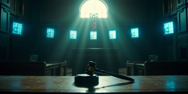 Empty courtroom with wooden gavel on judge's bench and digital evidence screens displaying hate speech content