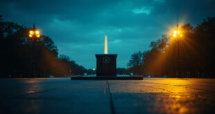 Empty presidential podium stands abandoned on ceremonial stage at twilight on the deserted National Mall, Washington Monument visible