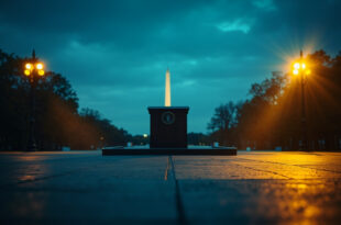 Empty presidential podium stands abandoned on ceremonial stage at twilight on the deserted National Mall, Washington Monument visible