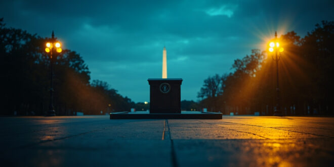 Empty presidential podium stands abandoned on ceremonial stage at twilight on the deserted National Mall, Washington Monument visible