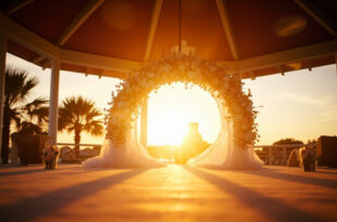 Empty decorated wedding altar with flower arch at sunset in a waterfront park pavilion