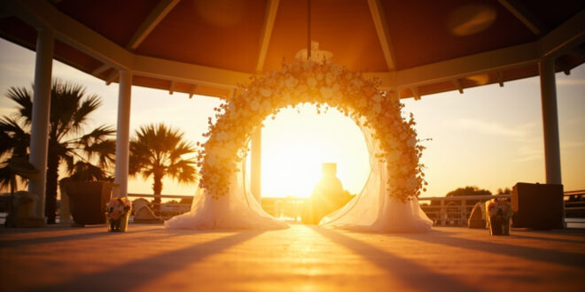 Empty decorated wedding altar with flower arch at sunset in a waterfront park pavilion