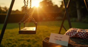 Empty swing set and abandoned picnic blanket in English countryside garden at golden hour, with handwritten card on bench