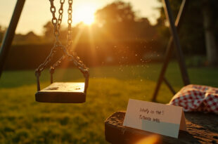 Empty swing set and abandoned picnic blanket in English countryside garden at golden hour, with handwritten card on bench