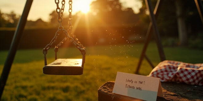 Empty swing set and abandoned picnic blanket in English countryside garden at golden hour, with handwritten card on bench