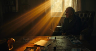 Empty vintage armchair with scattered photographs and handwritten letter on wooden table in sunlit room with fading light