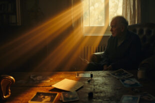 Empty vintage armchair with scattered photographs and handwritten letter on wooden table in sunlit room with fading light