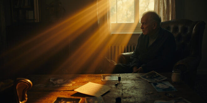 Empty vintage armchair with scattered photographs and handwritten letter on wooden table in sunlit room with fading light