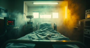 Empty hospital ICU room with unused ventilator, IV stand, and monitoring equipment awaiting a wasp attack victim