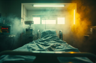 Empty hospital ICU room with unused ventilator, IV stand, and monitoring equipment awaiting a wasp attack victim