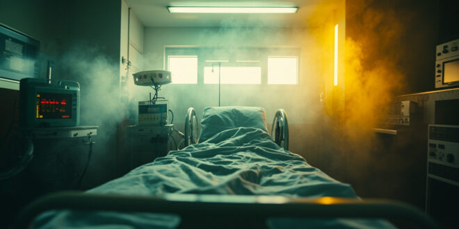 Empty hospital ICU room with unused ventilator, IV stand, and monitoring equipment awaiting a wasp attack victim